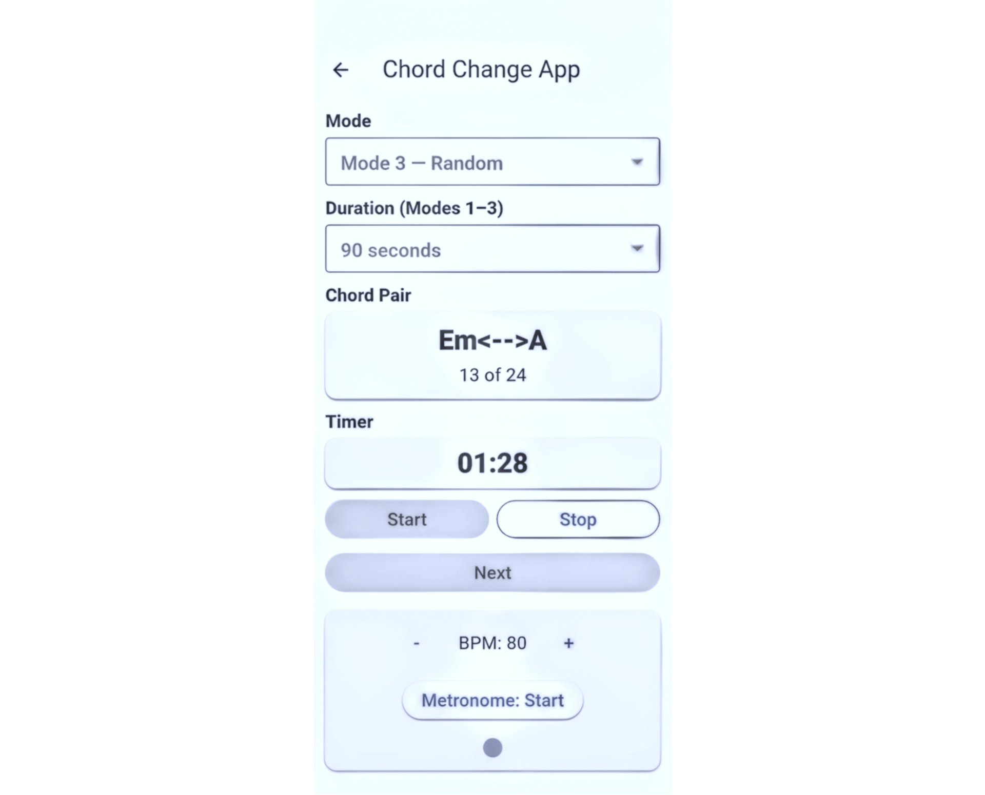 Chord change trainer guitar app showing chord transitions
