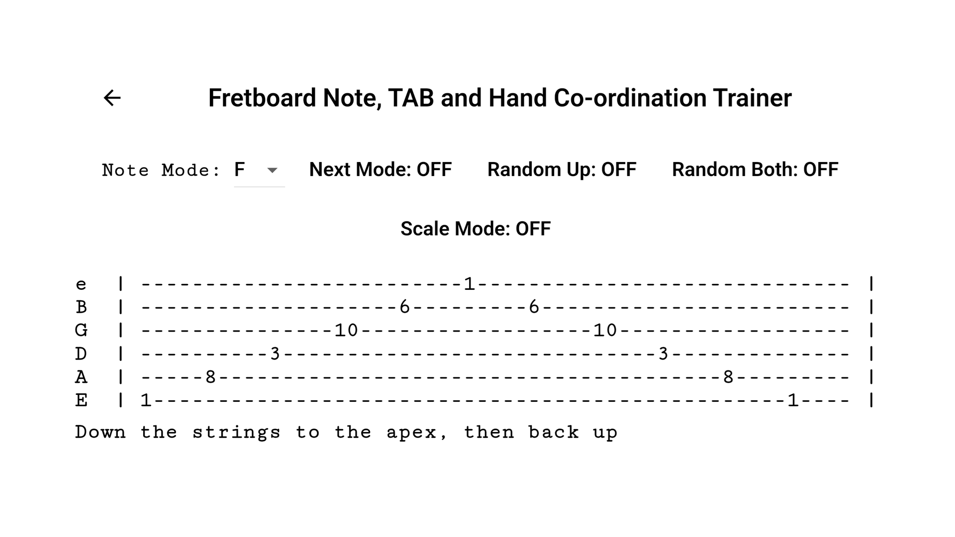 Guitar TAB trainer app screenshot showing fretboard and tab integration